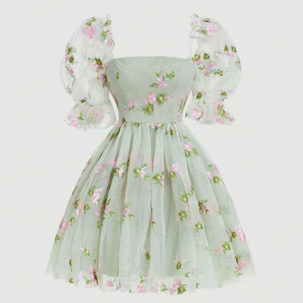 SHEIN MOD Puff Sleeve Floral Embroidery Mesh Overlay Summer Short Sleeves Dress